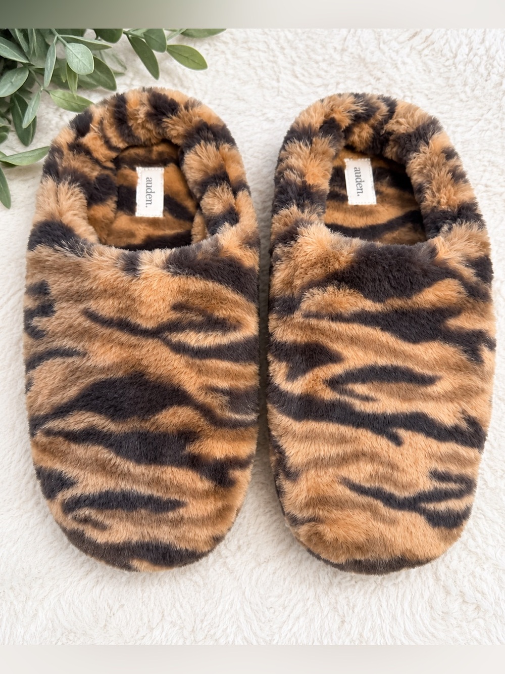 Auden Faux Fur Tiger-Print Slip-On Slippers in Brown and Black q